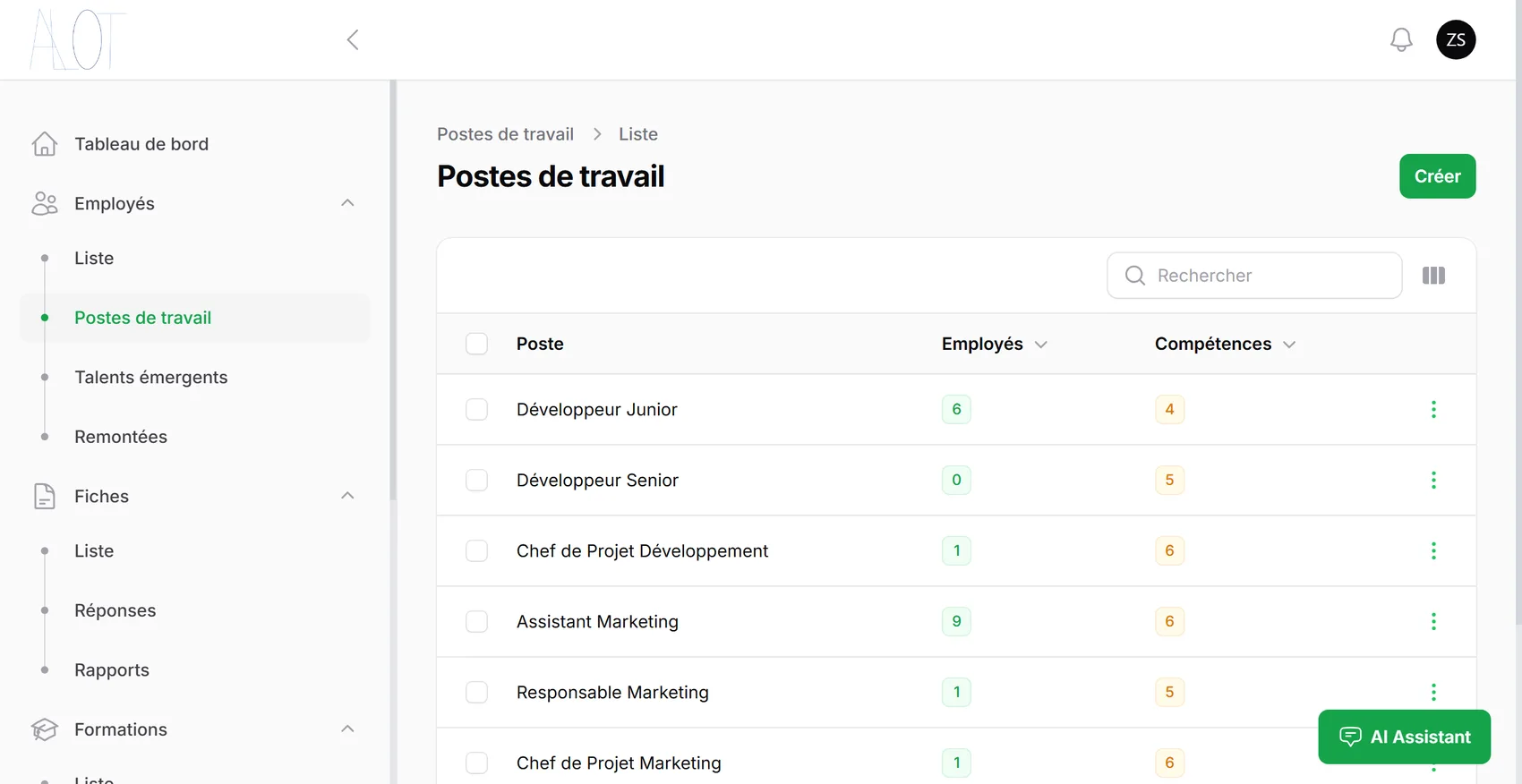 Écran « Postes de travail » d'ALOT : Developer Junior, Developer Senior, Chef de Projet Développement, avec le nombre d'employés et de compétences par poste.